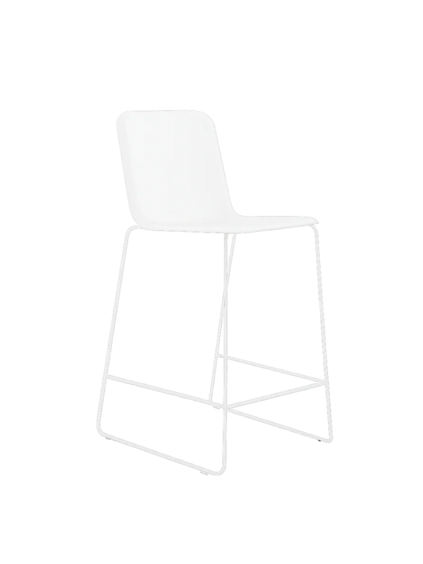 THIS 941 Barstool High back PP in all white, shell and wire sled frame, seen at an angle