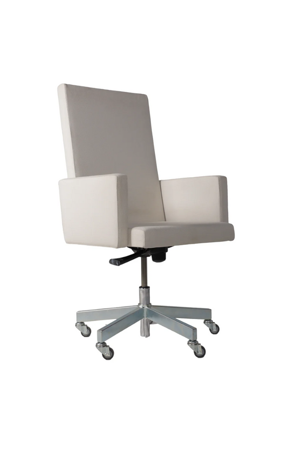 AVL presidential chair with a tall off-white upholstered back, armrests and a chrome five-star castor base