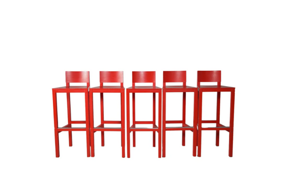 Five AVL Shaker Barstool Red units lined up in a row, red-lacquered wood with square frames