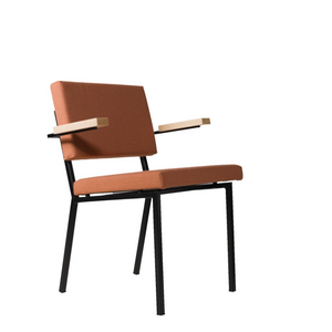 EASY CHAIR - With Armrests - brownish orange, black steel frame with light wooden armrests, angled view