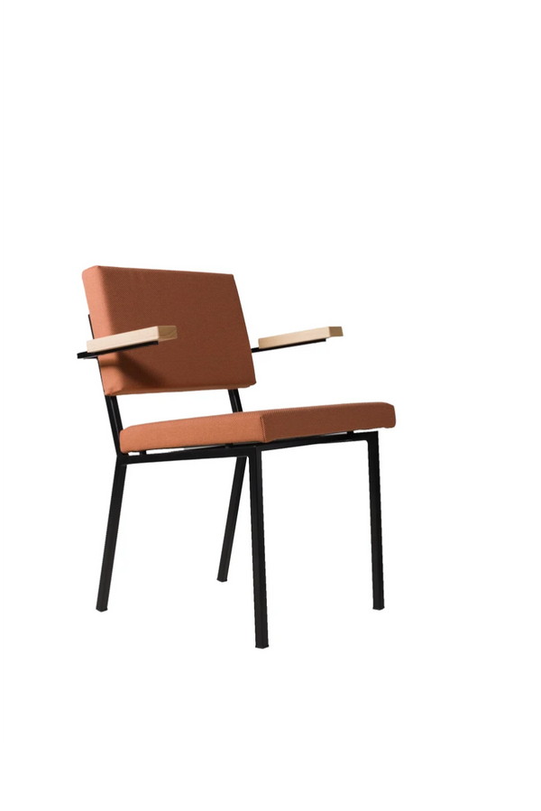 EASY CHAIR - With Armrests - brownish orange, black steel frame with light wooden armrests, angled view