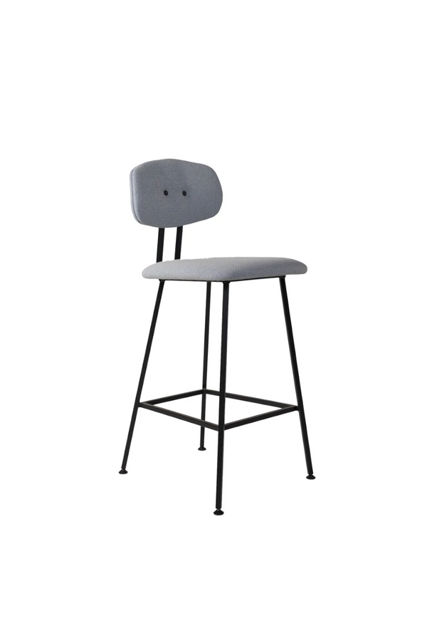 Maarten Baas 901 - Upholstered counter stool in pale blue-grey, winged back and square black footrest