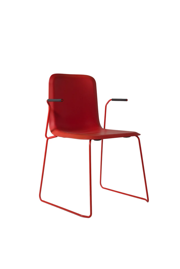 THIS 141 PP CHAIR - Stackable with armrests -  Red, red shell and sled frame with black armrest grips