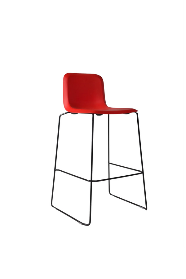 THIS 741 Barstool Low Back PP Red with red shell on a black wire sled frame, three-quarter view
