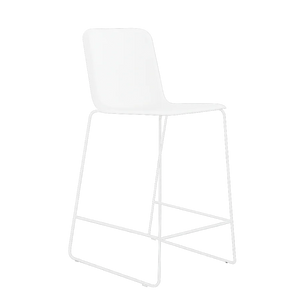 THIS 941 Barstool High back PP in all white, shell and wire sled frame, seen at an angle